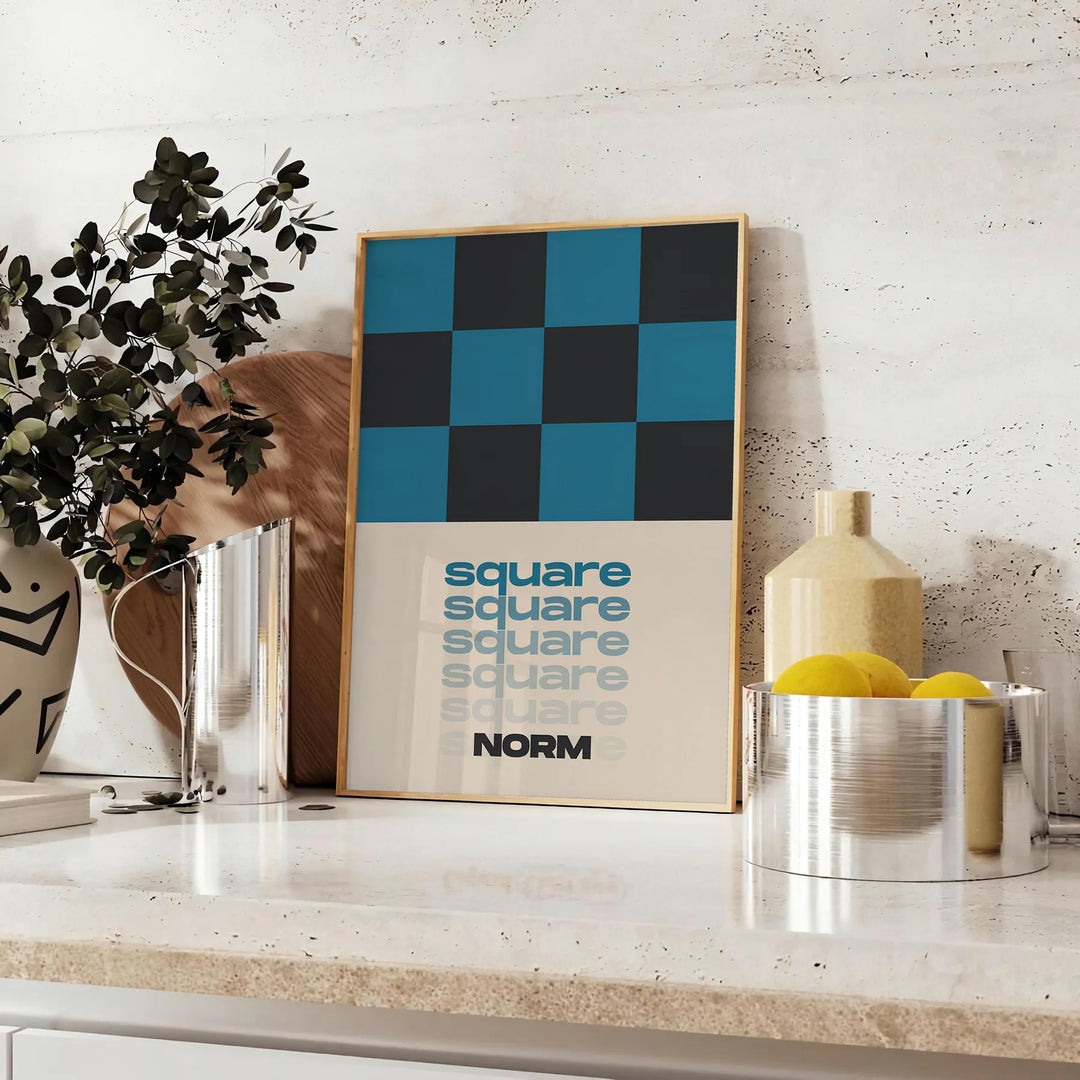 Abstract square shapes in black and brown tones - styled on a counter with eucalyptus and a bowl of lemons
