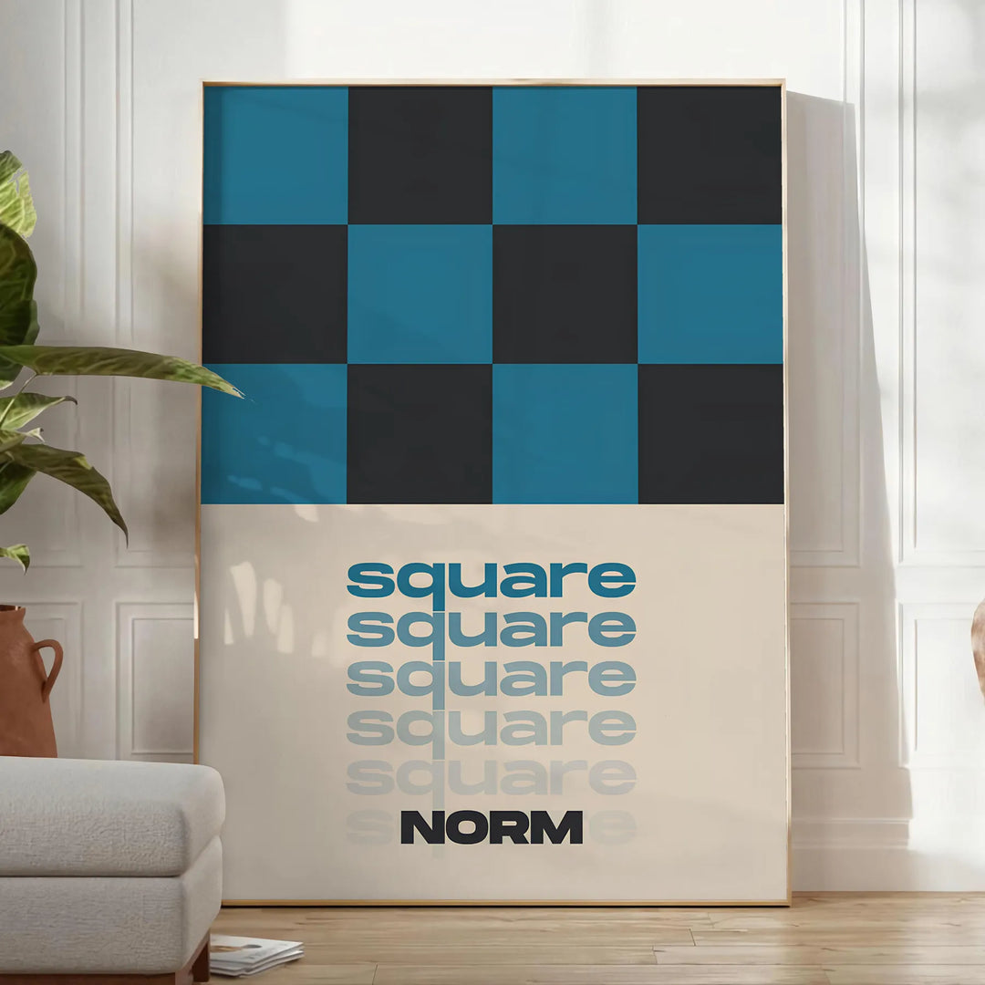 Abstract square shapes in black and brown tones - in a bright minimalist room with a plant and an armchair