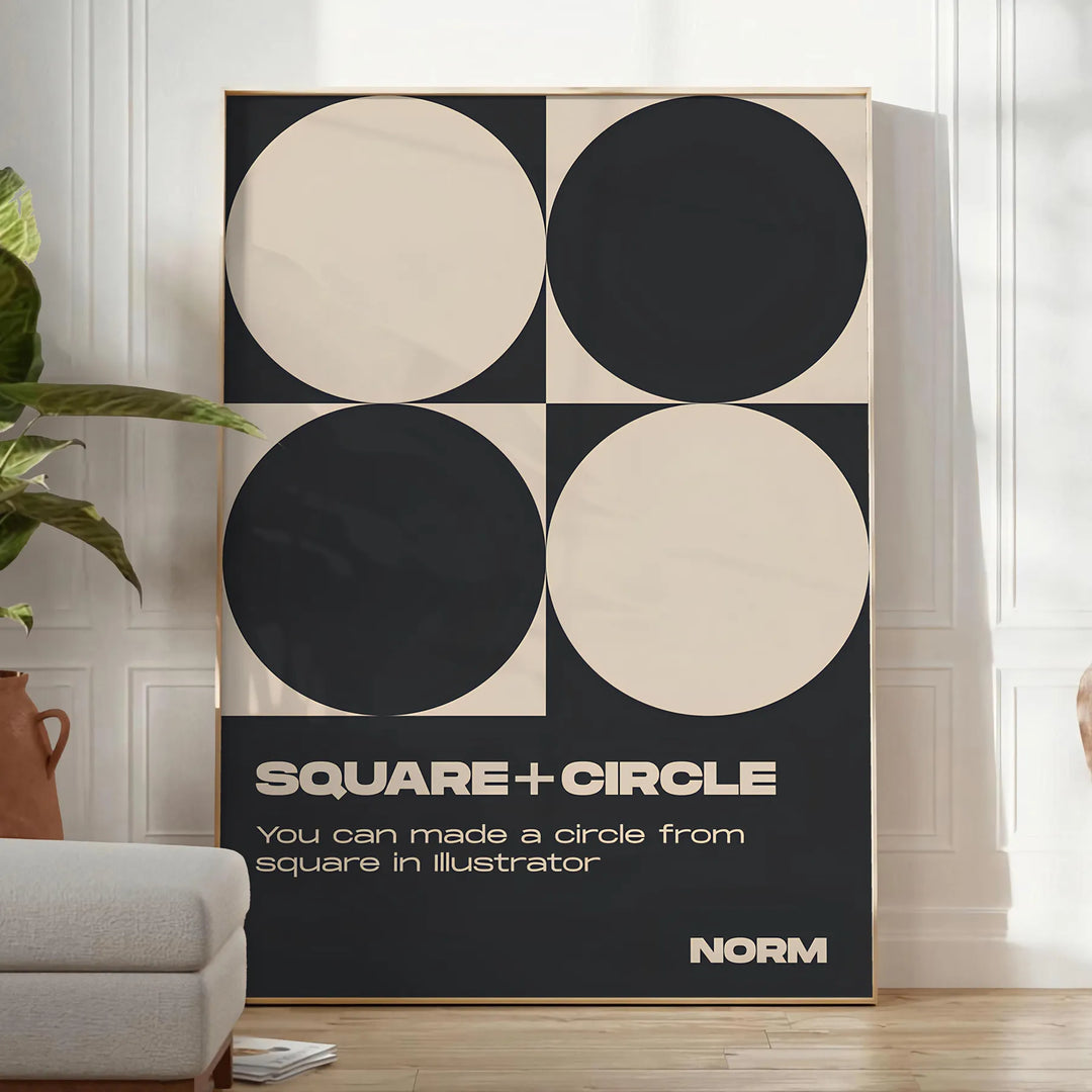 Abstract composition of squares and circles in black and brown tones - in a bright minimalist room with a plant and an armchair