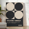 Abstract composition of squares and circles in black and brown tones - in a bright minimalist room with a plant and an armchair