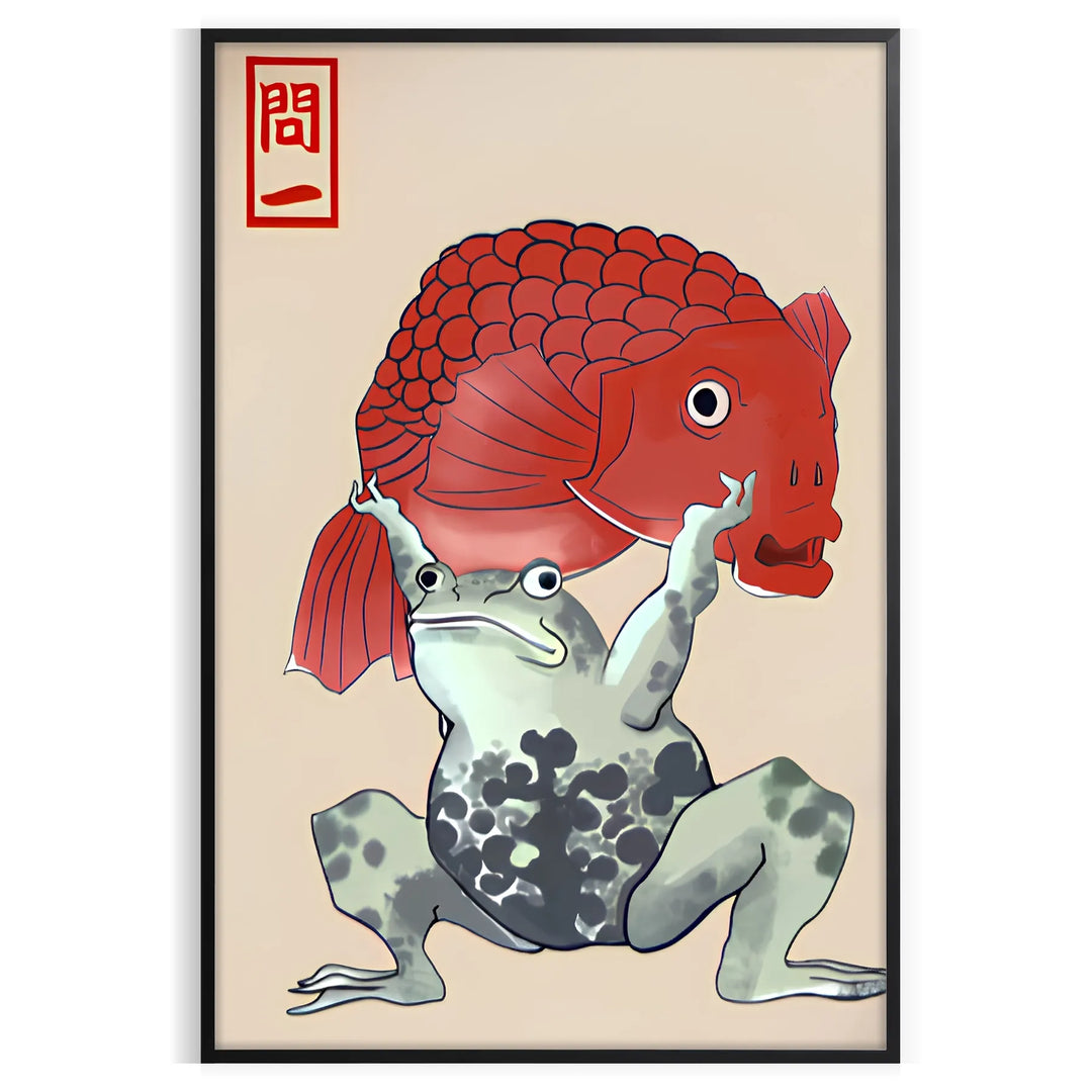 Japanese print featuring a serene landscape with warm brown and orange tones