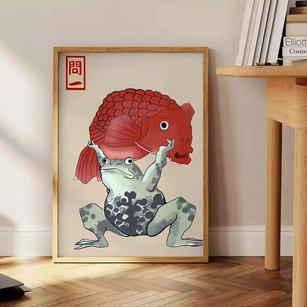 Japanese print featuring a serene landscape with warm brown and orange tones - beside a round wooden side table with books