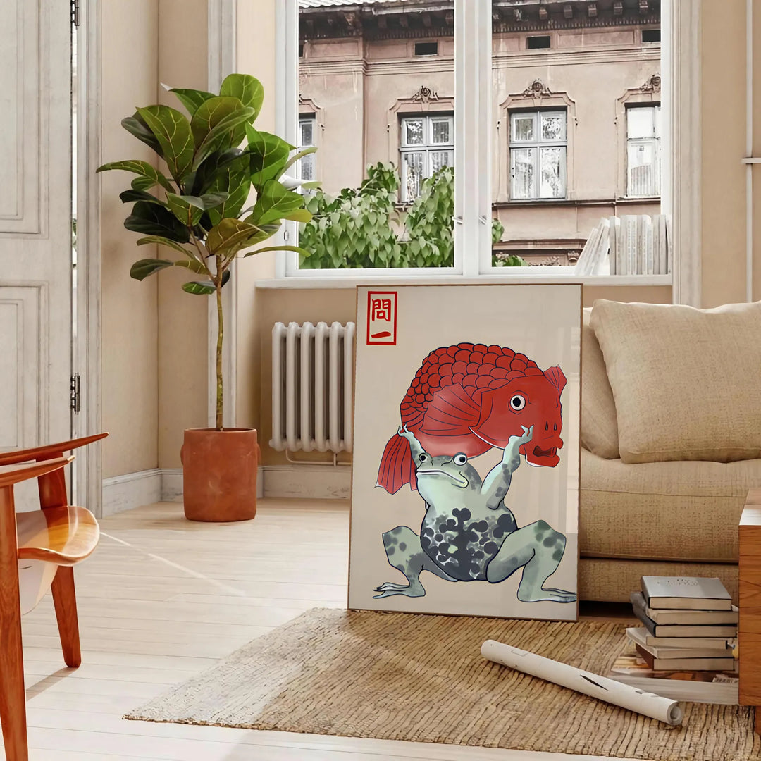 Japanese print featuring a serene landscape with warm brown and orange tones - in a Parisian living room with a sofa and a fig plant