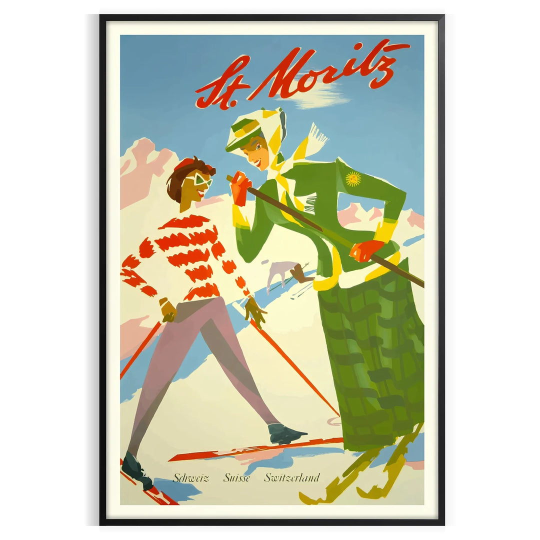 Vintage travel poster of St. Moritz featuring lush green mountains and serene blue skies