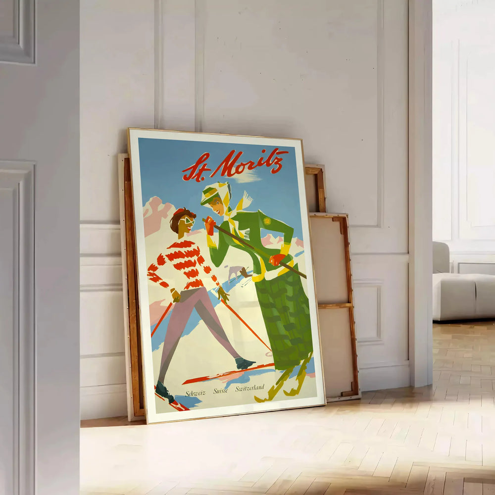 Vintage travel poster of St. Moritz featuring lush green mountains and serene blue skies