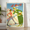 Vintage travel poster of St. Moritz featuring lush green mountains and serene blue skies - in a bright minimalist room with a plant and an armchair