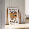Abstract design featuring orange and black colors with groovy text - leaning on a herringbone floor against a white panelled wall