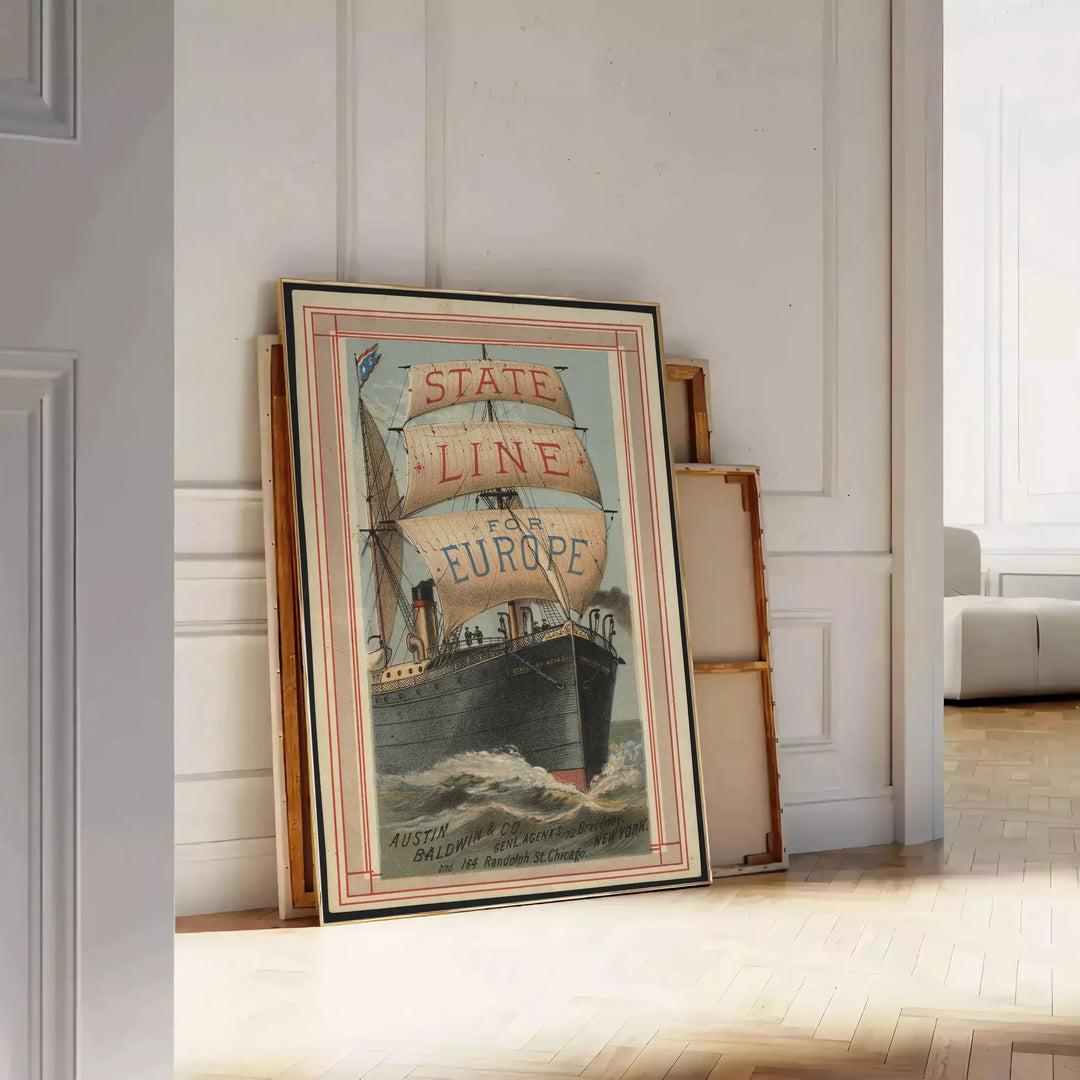 Illustration of a boat traveling along a green state line in Europe - leaning on a herringbone floor against a white panelled wall