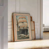 Illustration of a boat traveling along a green state line in Europe - leaning on a herringbone floor against a white panelled wall