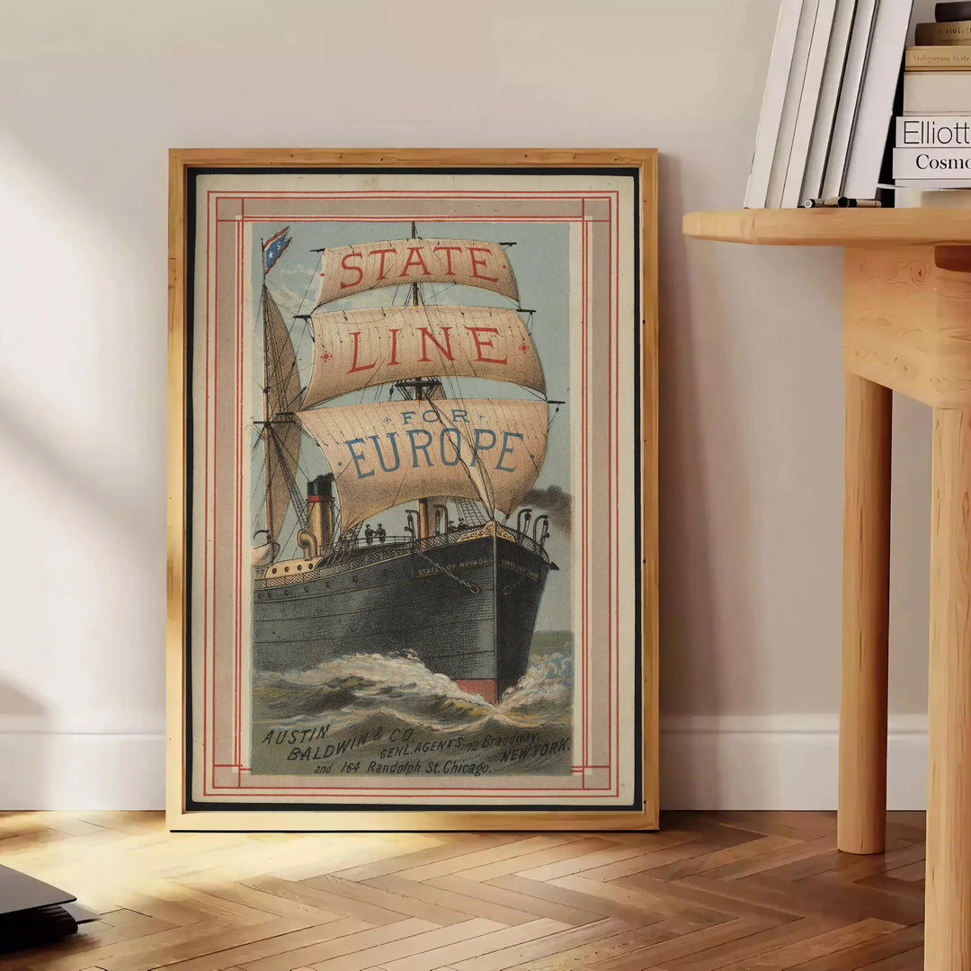 Illustration of a boat traveling along a green state line in Europe - beside a round wooden side table with books