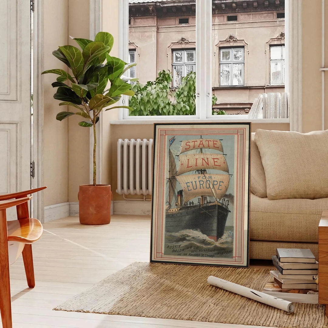 Illustration of a boat traveling along a green state line in Europe - in a Parisian living room with a sofa and a fig plant