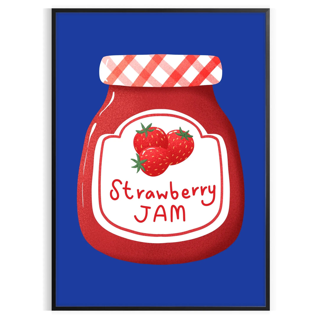 A kitchen scene featuring jars of strawberry jam in rich blue and brown tones