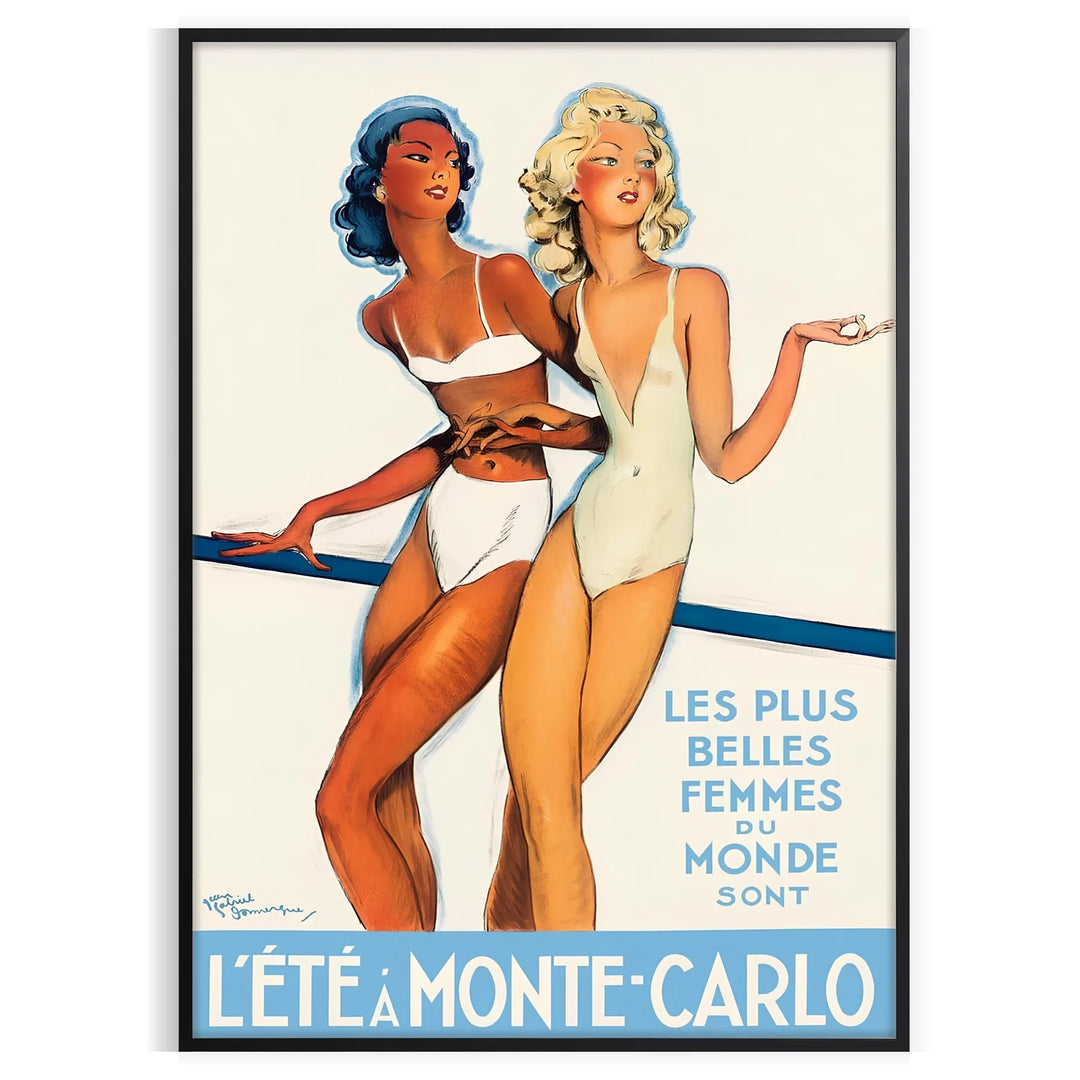 Vintage travel poster featuring Monte Carlo in orange and white hues