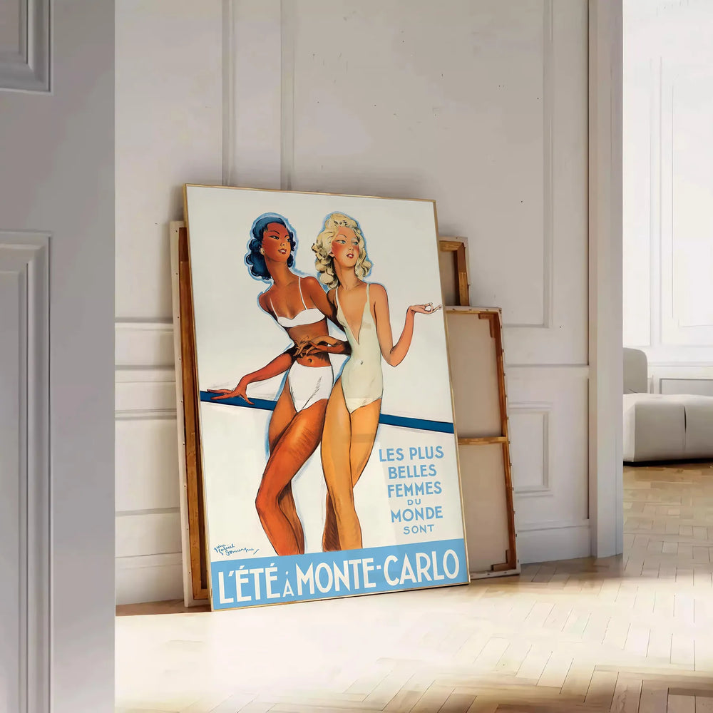 Vintage travel poster featuring Monte Carlo in orange and white hues