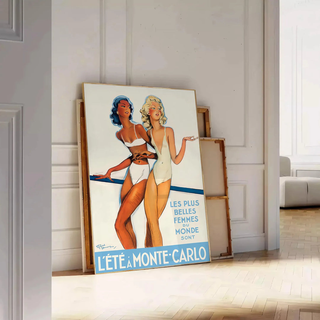Vintage travel poster featuring Monte Carlo in orange and white hues - leaning on a herringbone floor against a white panelled wall