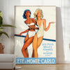 Vintage travel poster featuring Monte Carlo in orange and white hues - in a bright minimalist room with a plant and an armchair