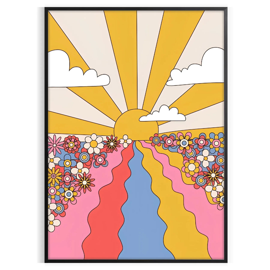 A retro-style poster featuring a large sunflower in yellow and brown tones