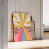 A retro-style poster featuring a large sunflower in yellow and brown tones - leaning on a herringbone floor against a white panelled wall