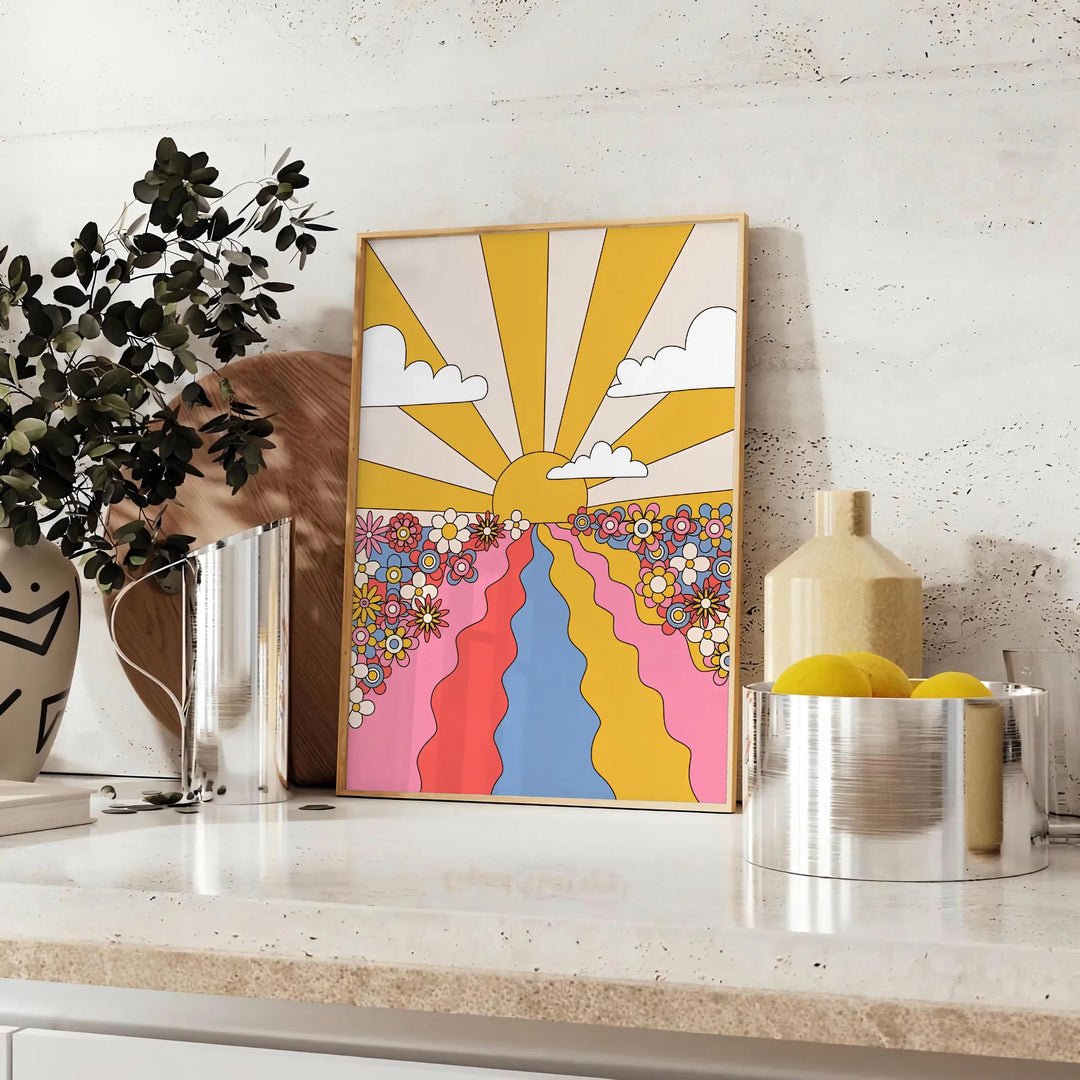 A retro-style poster featuring a large sunflower in yellow and brown tones - styled on a counter with eucalyptus and a bowl of lemons
