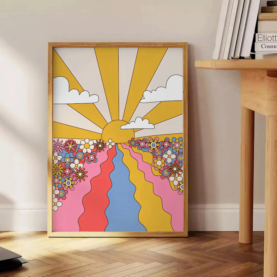 A retro-style poster featuring a large sunflower in yellow and brown tones - beside a round wooden side table with books