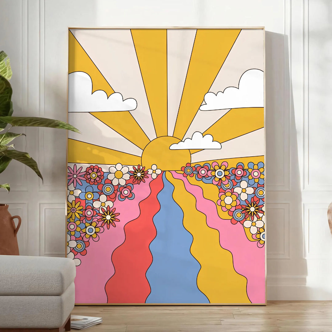 A retro-style poster featuring a large sunflower in yellow and brown tones - in a bright minimalist room with a plant and an armchair