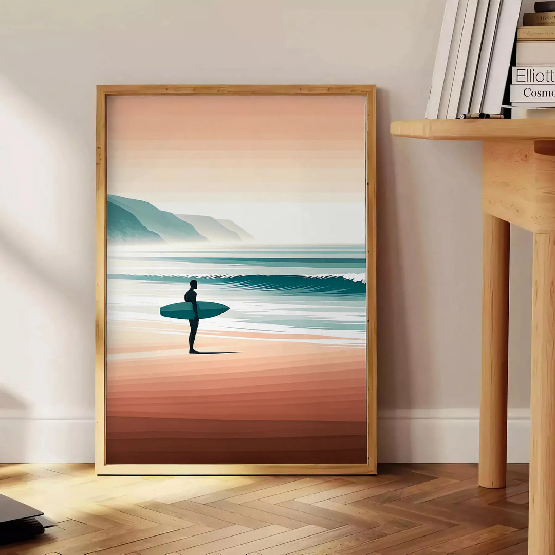 Dynamic waves in orange and green, capturing surf energy - beside a round wooden side table with books