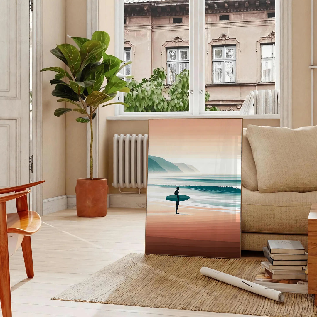Dynamic waves in orange and green, capturing surf energy - in a Parisian living room with a sofa and a fig plant