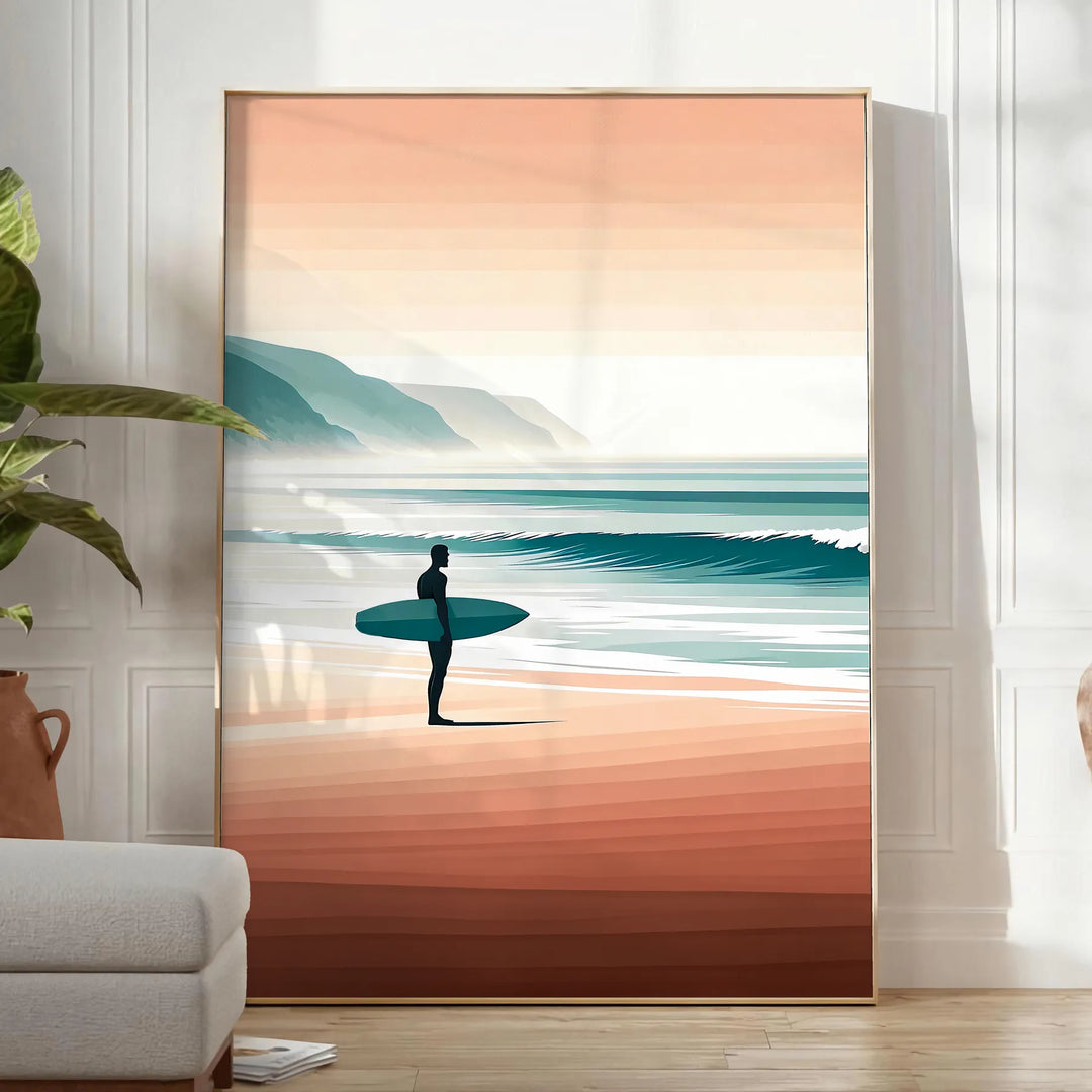 Dynamic waves in orange and green, capturing surf energy - in a bright minimalist room with a plant and an armchair
