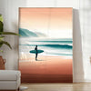 Dynamic waves in orange and green, capturing surf energy - in a bright minimalist room with a plant and an armchair