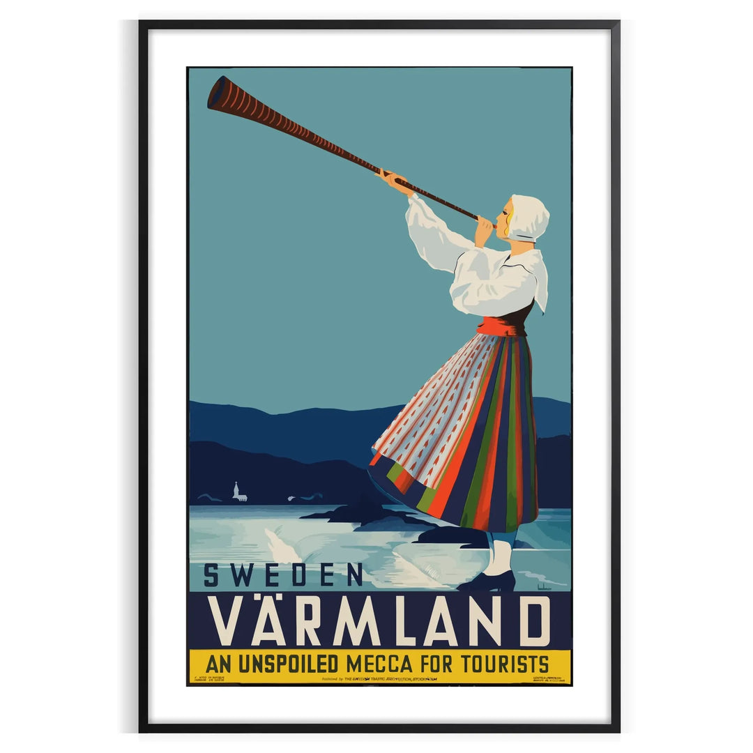 A scenic view of Värmland, Sweden with lush green landscapes and gray skies