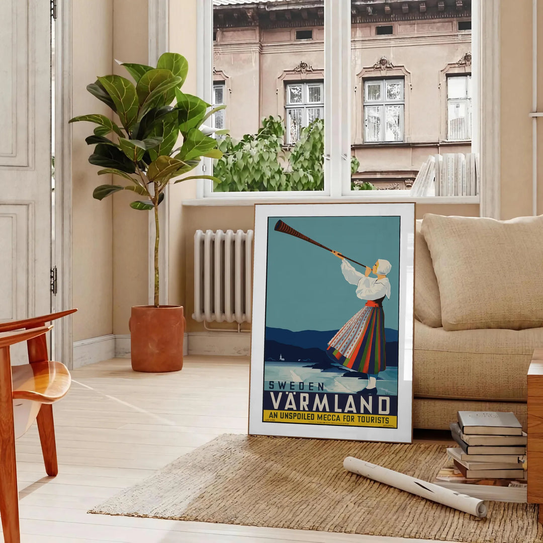 A scenic view of Värmland, Sweden with lush green landscapes and gray skies - in a Parisian living room with a sofa and a fig plant