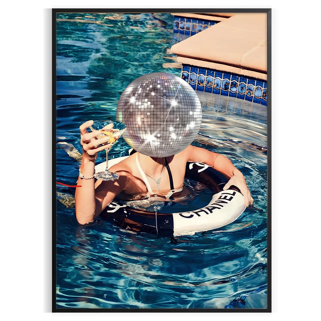 A stylized swimming pool scene with earthy browns and greens