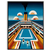 Poster showing a surreal swimming Titanic illustration in blue and green - in a black frame