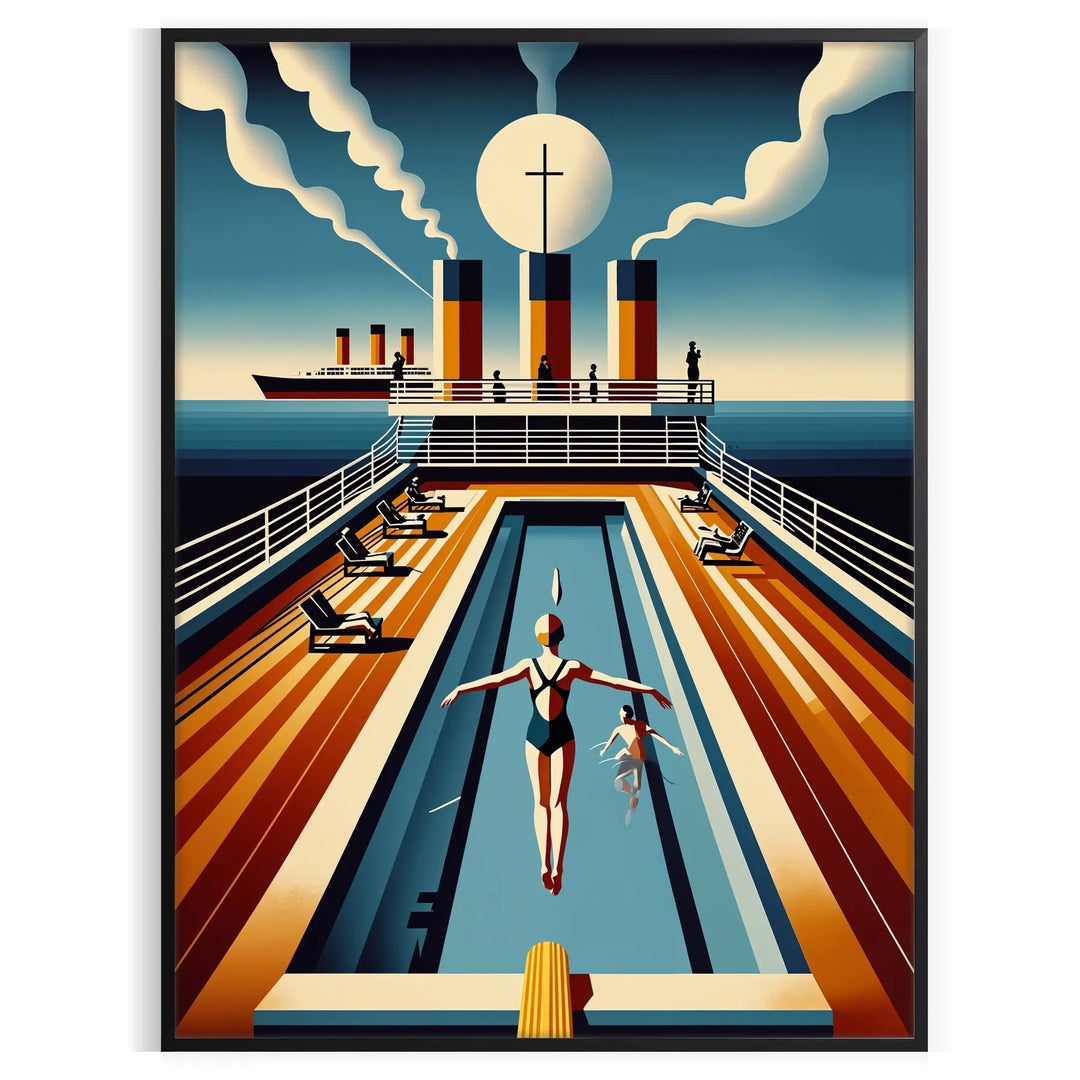 Vintage illustration of the Titanic in a swimming scene, with brown and oceanic blue tones