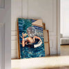 A stylized swimming pool scene with earthy browns and greens - leaning on a herringbone floor against a white panelled wall