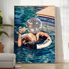 A stylized swimming pool scene with earthy browns and greens - in a bright minimalist room with a plant and an armchair