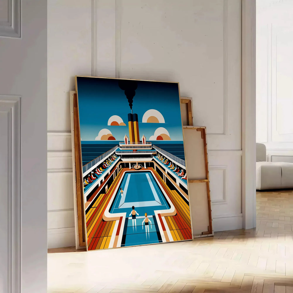 Poster showing a surreal swimming Titanic illustration in blue and green