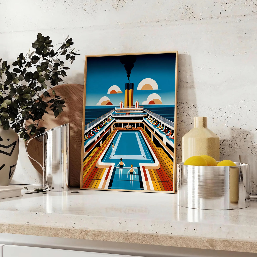 Poster showing a surreal swimming Titanic illustration in blue and green - styled on a counter with eucalyptus and a bowl of lemons