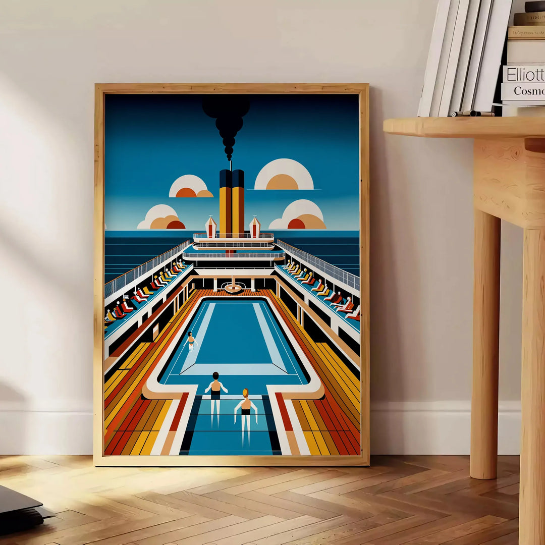 Poster showing a surreal swimming Titanic illustration in blue and green - beside a round wooden side table with books
