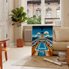 Poster showing a surreal swimming Titanic illustration in blue and green - in a Parisian living room with a sofa and a fig plant