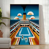 Poster showing a surreal swimming Titanic illustration in blue and green - in a bright minimalist room with a plant and an armchair
