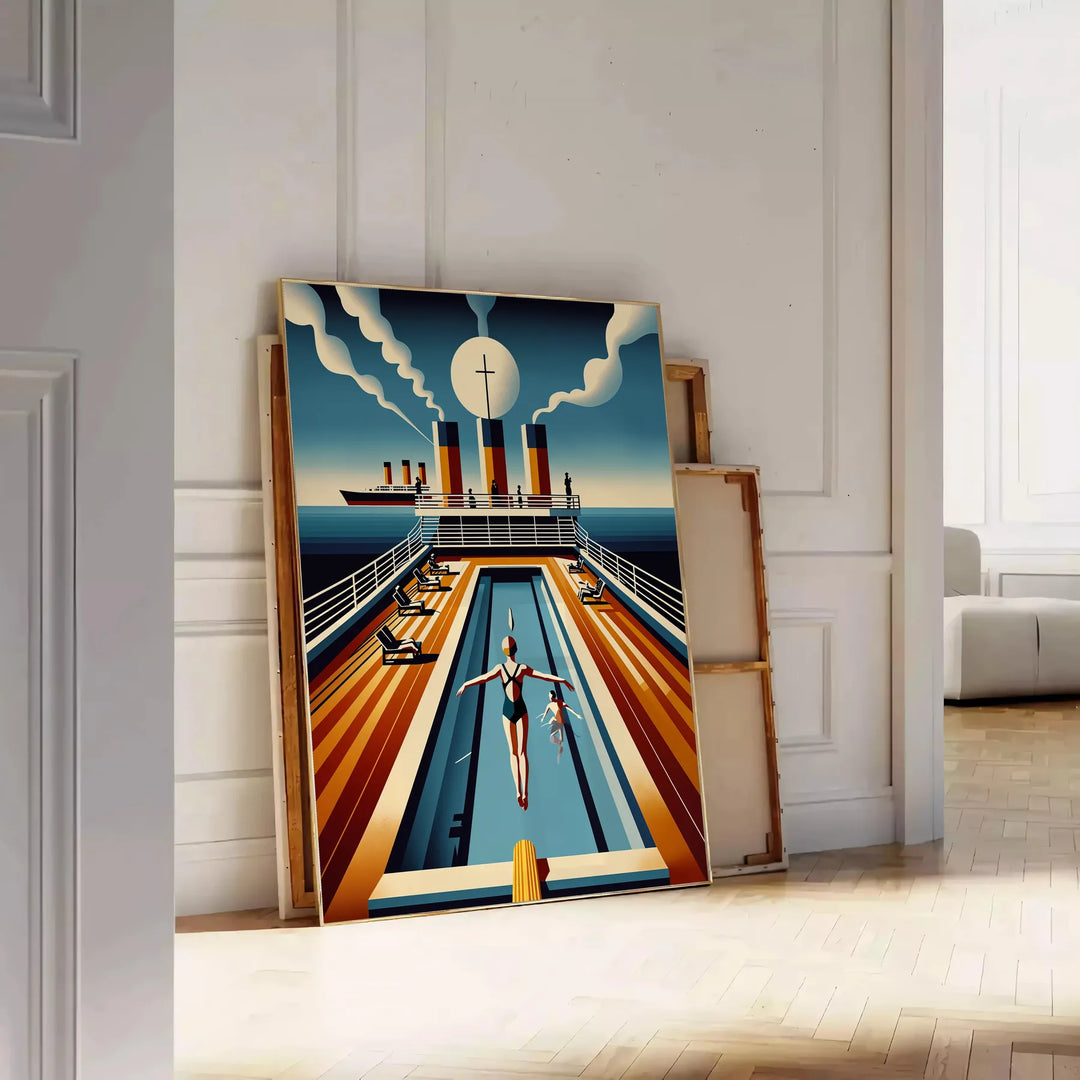 Vintage illustration of the Titanic in a swimming scene, with brown and oceanic blue tones - leaning on a herringbone floor against a white panelled wall