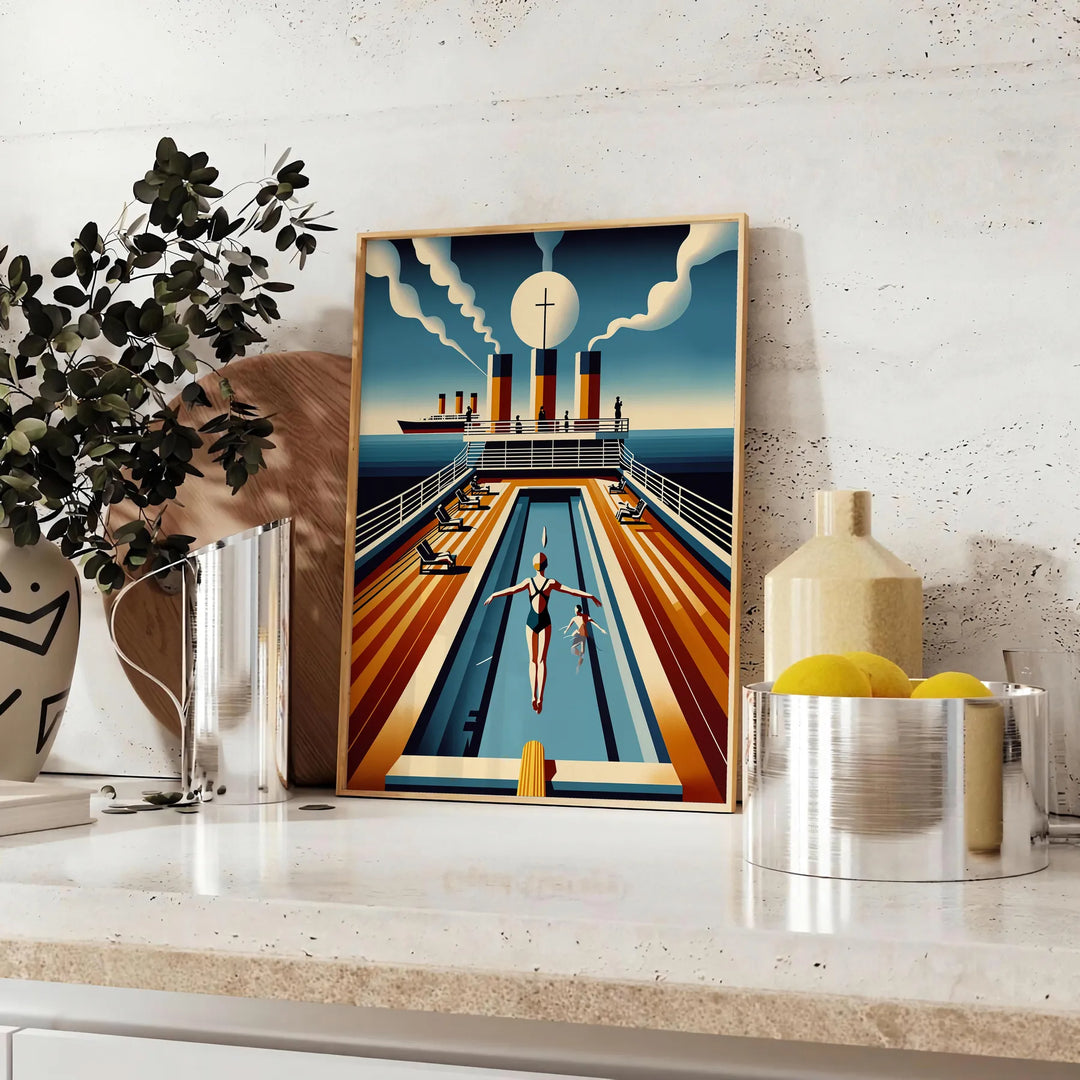 Vintage illustration of the Titanic in a swimming scene, with brown and oceanic blue tones - styled on a counter with eucalyptus and a bowl of lemons