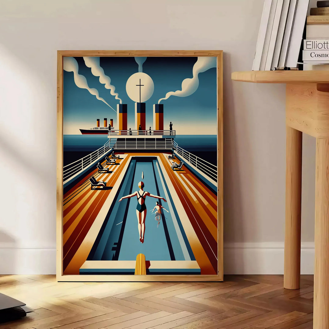 Vintage illustration of the Titanic in a swimming scene, with brown and oceanic blue tones - beside a round wooden side table with books