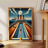 Vintage illustration of the Titanic in a swimming scene, with brown and oceanic blue tones - beside a round wooden side table with books