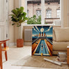Vintage illustration of the Titanic in a swimming scene, with brown and oceanic blue tones - in a Parisian living room with a sofa and a fig plant