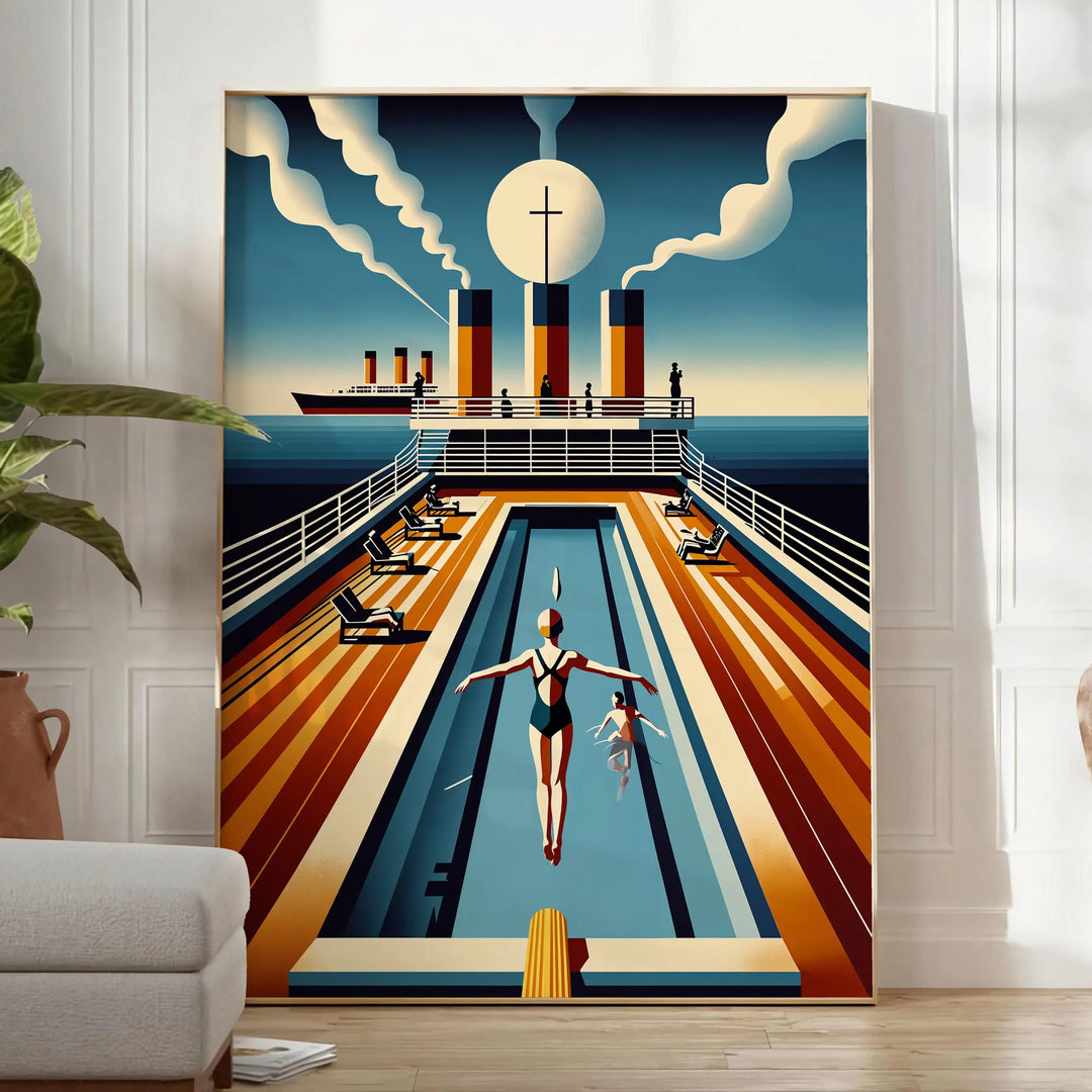 Vintage illustration of the Titanic in a swimming scene, with brown and oceanic blue tones - in a bright minimalist room with a plant and an armchair