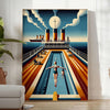 Vintage illustration of the Titanic in a swimming scene, with brown and oceanic blue tones - in a bright minimalist room with a plant and an armchair