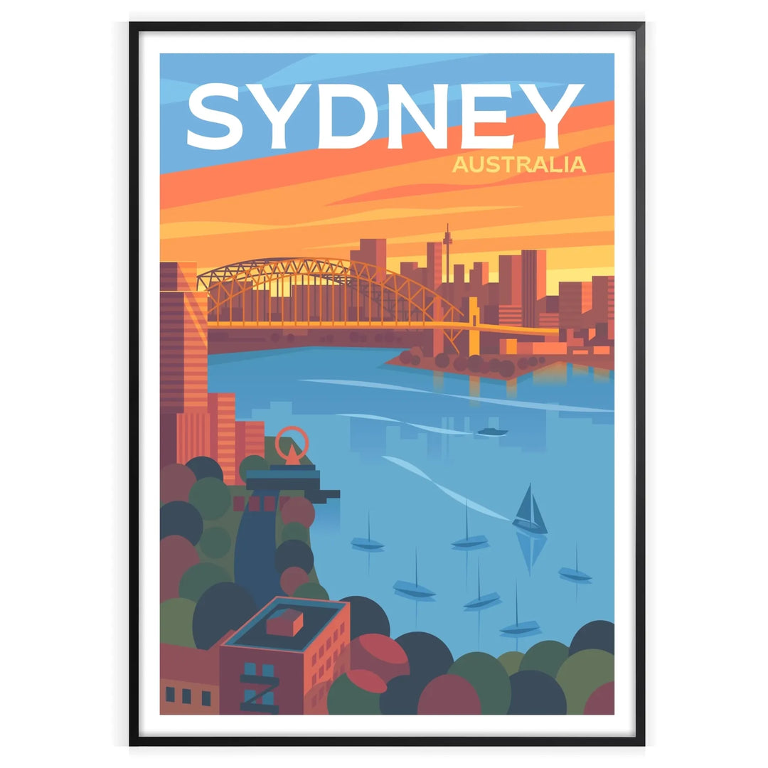 Stylized depiction of Sydney's skyline in shades of gray and blue