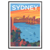 Stylized depiction of Sydney's skyline in shades of gray and blue - in a black frame